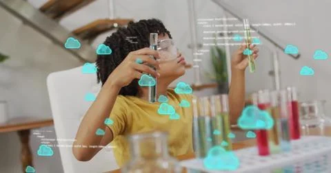Cloud computing image over person experimenting with test tubes in lab Stock Illustration