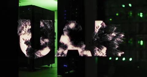 Cloud computing image over server room with green lights Stock Photos