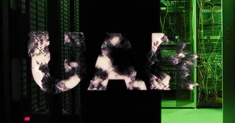 Cloud computing image over server room with green lighting Stock Photos