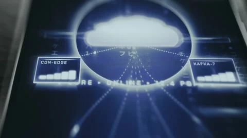 Cloud computing infrastructure displaying various nodes connected to a central Stock Footage 335483739