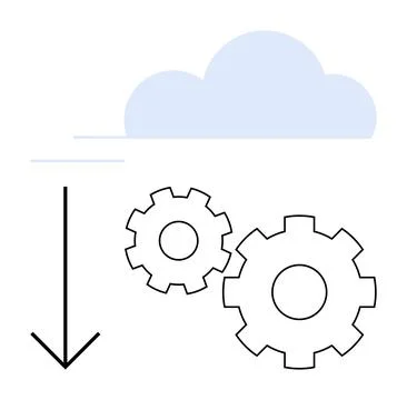 Cloud Computing Integration with Gears and Downward Arrow Representing Down.. Stock Illustration
