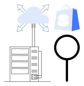 Cloud Computing Integration with Shopping Application and Search Icon Stock Illustration