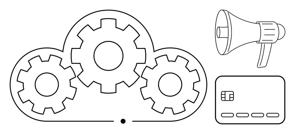 Cloud computing with interconnected gears representing operations, accompanie Stockillustratie