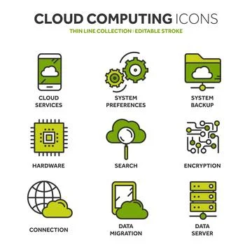 Cloud computing. Internet technology. Online services. Data, information Illustrazione stock
