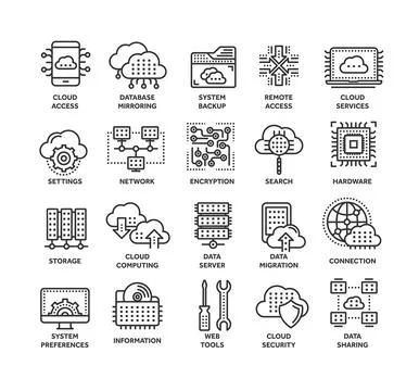 Cloud computing. Internet technology. Online services. Data, information Stock Illustration