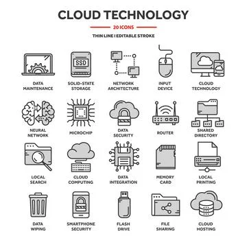 Cloud computing. Internet technology. Online services. Data, information Stock Illustration