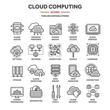 Cloud computing. Internet technology. Online services. Data, information Illustrazione stock