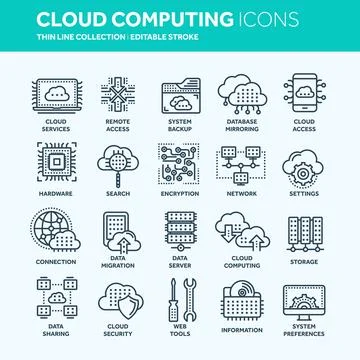 Cloud computing. Internet technology. Online services. Data, information Illustrazione stock