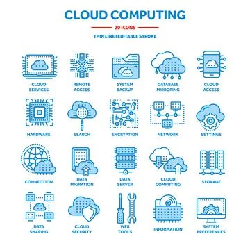 Cloud computing. Internet technology. Online services. Data, information Illustrazione stock