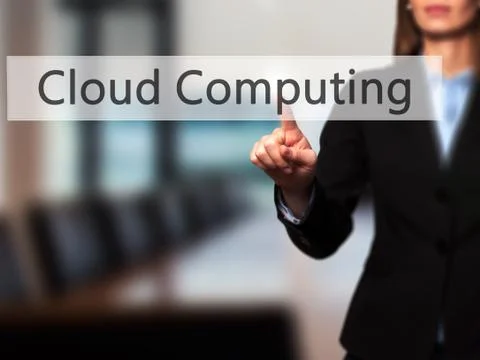 Cloud Computing - Isolated female hand touching or pointing to button Foto stock