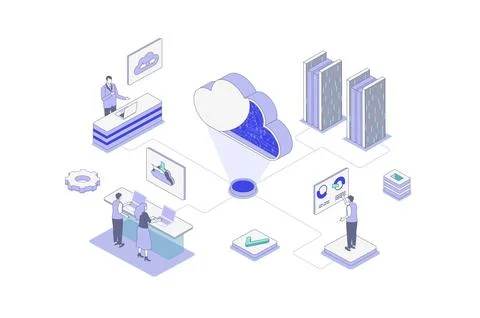 Cloud computing isometric concept in outline isometry design for web. People  Stock Illustration