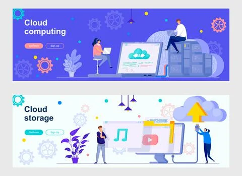Cloud computing landing page with people characters. Stock Illustration