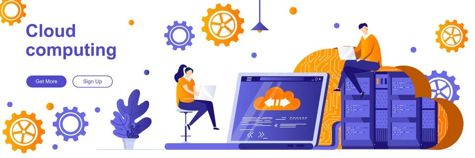 Cloud computing landing page with people characters. Hosting platform service Stock Illustration