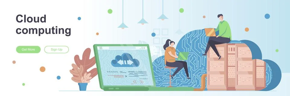 Cloud computing landing page with people characters. Hosting platform service Stock Illustration