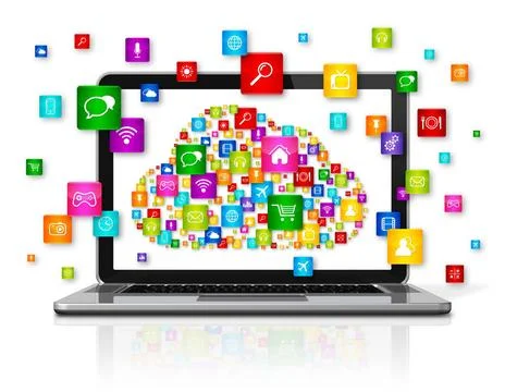 Cloud Computing Laptop 3D Laptop Computer isolated on white. Cloud Computi... Stock Photos