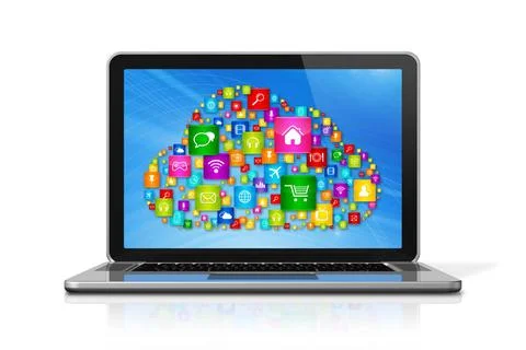 Cloud Computing Laptop 3D Laptop Computer isolated on white with clipping ... Stock Photos