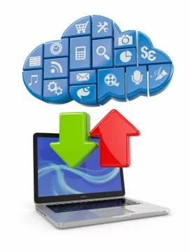 Cloud computing. laptop and icons software. 3d Stock Illustration