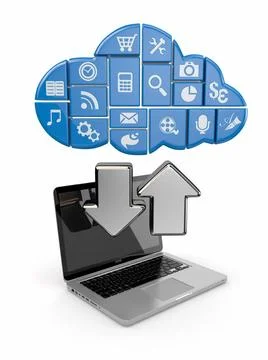 Cloud computing. Laptop and icons software. 3d Cloud computing. Laptop and... Stock Photos