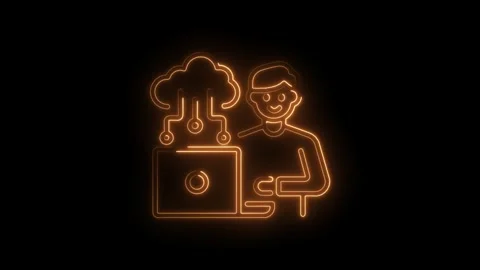 Cloud computing with laptop and person neon style glowing orange on black Stock Footage 330772936