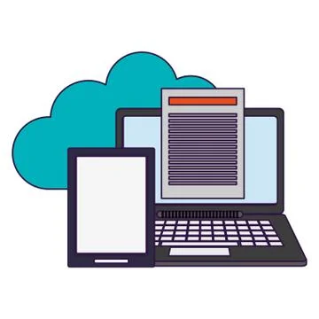 Cloud computing laptop and tablet with documents Stock Illustration