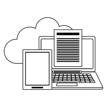 Cloud computing laptop and tablet with documents black and white Stock Illustration