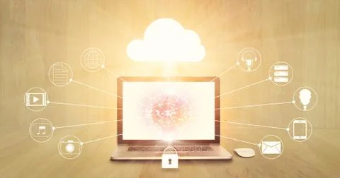 Cloud computing, Laptop with circle global on screen and icon network 스톡 사진