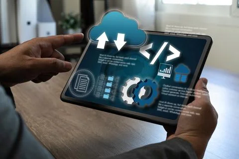 Cloud computing on laptop with data storage and network interface, secure e.. Foto stock