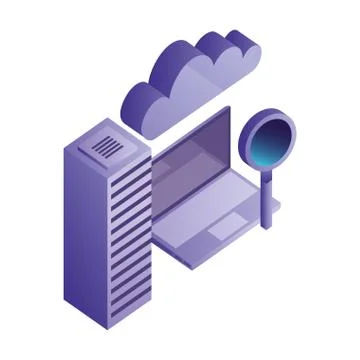 Cloud computing laptop magnifying glass database center Stock Illustration