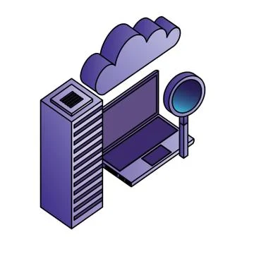 Cloud computing laptop magnifying glass database center Stock Illustration