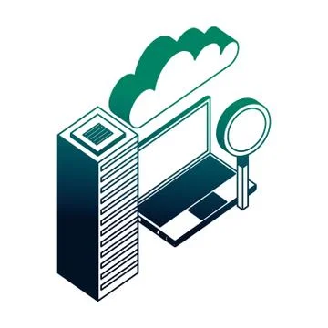 Cloud computing laptop magnifying glass database center Stock Illustration