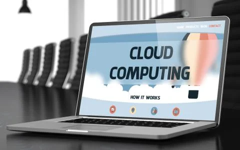 Cloud Computing on Laptop in Meeting Room. 3D Rendering Stock Illustration