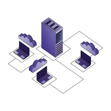 Cloud computing laptops dataserver center transfer connection Stock Illustration