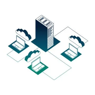 Cloud computing laptops dataserver center transfer connection Stock Illustration