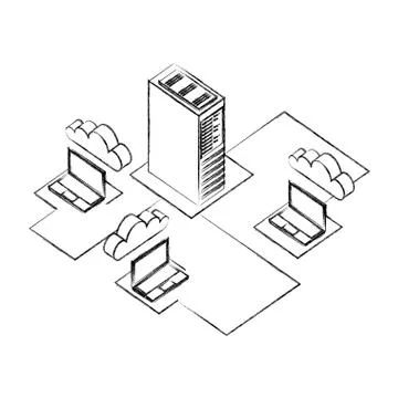 Cloud computing laptops dataserver center transfer connection Stock Illustration