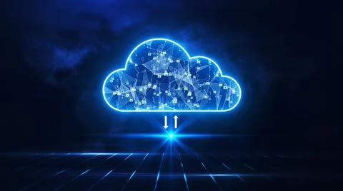 Cloud computing. A large geometric cloud stands out in the center. Shows the  Stock Illustration