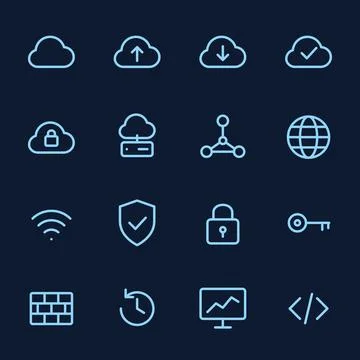 Cloud computing line icon set with server, data upload, security shield, Stock Illustration