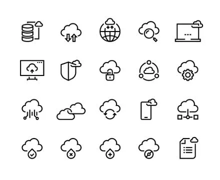 Cloud computing line icons. Data storage technology information infrastructure Illustrazione stock