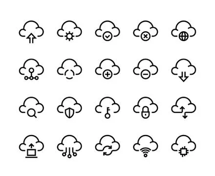 Cloud computing line icons. Network data transfer download sync and upload Illustrazione stock