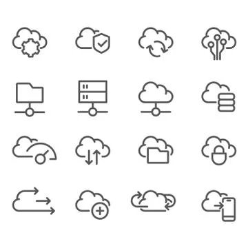 Cloud computing line icons set -  data sync, transfer, cloud storage Stock Illustration
