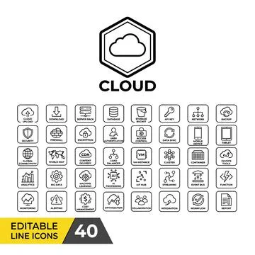 Cloud computing line icons set with diverse technology symbols for data man.. Stock Illustration