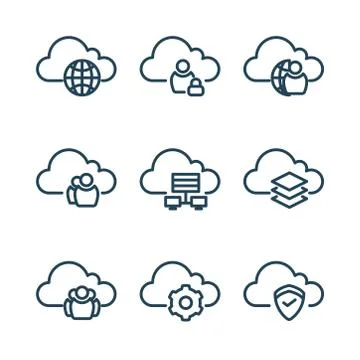 Cloud computing line icons, which are illustrated by round and line style.  Illustrazione stock