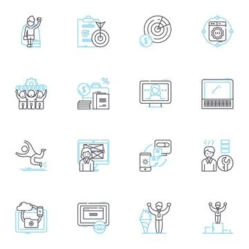 Cloud computing linear icons set. Virtualization, Accessibility, Elasticity Stock Illustration