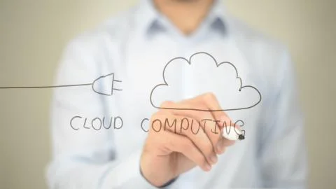 Cloud Computing,  Man writing on transparent screen Stock Photos
