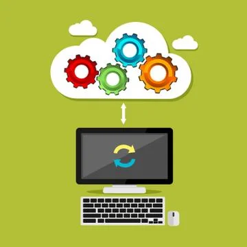 Cloud computing mechanism concept. Cloud computing syncing process. Technolog イラスト素材