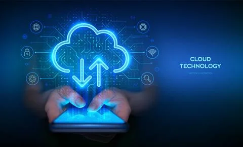 Cloud computing. Mobile cloud access. Cloud service app. Using cloud service  Stock Illustration