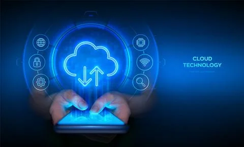 Cloud computing. Mobile cloud access. Cloud service app. Using cloud servic.. 스톡 일러스트