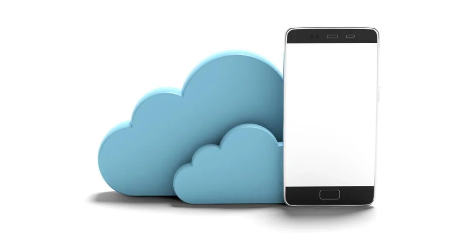 Cloud computing, mobile phone. Blue clouds and a blank screen smartphone, iso イラスト素材