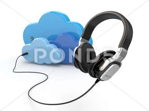 Cloud computing multimedia concept. headphones and clouds. Stock Illustration