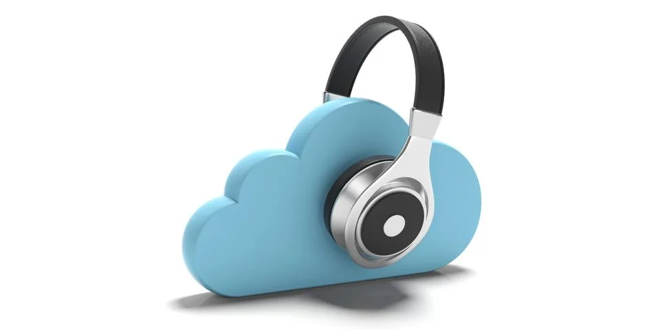 Cloud computing music storage. Blue clouds and headphones isolated on white b イラスト素材
