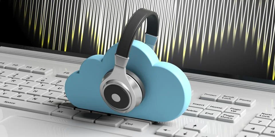 Cloud computing music storage. Blue clouds and headphones on computer keyboar Stock Illustration